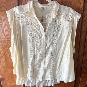 All Man Kind Soft Yellow /light Cream Crochet-Trim Sleeveless Blouse L Ptp 27